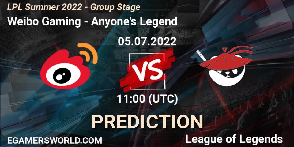 Weibo Gaming contre Anyone's Legend : prédiction de match. 05.07.2022 at 11:00. LoL, LPL Summer 2022 - Group Stage