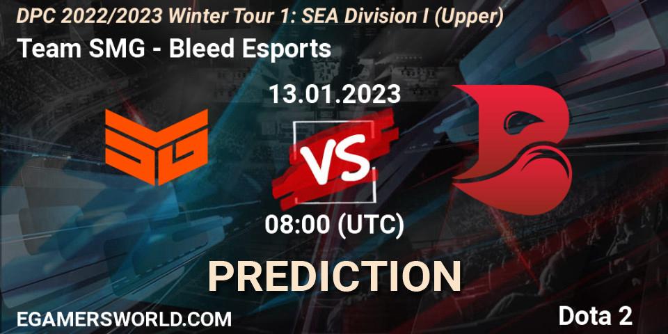 Team SMG contre Bleed Esports : prédiction de match. 13.01.2023 at 09:17. Dota 2, DPC 2022/2023 Winter Tour 1: SEA Division I (Upper)