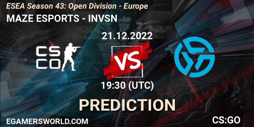 MAZE ESPORTS contre INVSN : prédiction de match. 21.12.2022 at 18:30. Counter-Strike (CS2), ESEA Season 43: Open Division - Europe