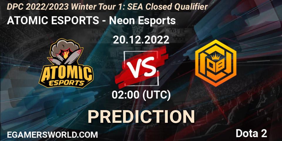 ATOMIC ESPORTS contre Neon Esports : prédiction de match. 20.12.2022 at 02:00. Dota 2, DPC 2022/2023 Winter Tour 1: SEA Closed Qualifier