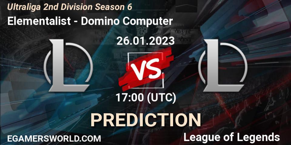 Elementalist contre Domino Computer : prédiction de match. 26.01.2023 at 17:00. LoL, Ultraliga 2nd Division Season 6