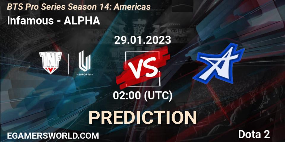Infamous contre ALPHA : prédiction de match. 29.01.23. Dota 2, BTS Pro Series Season 14: Americas
