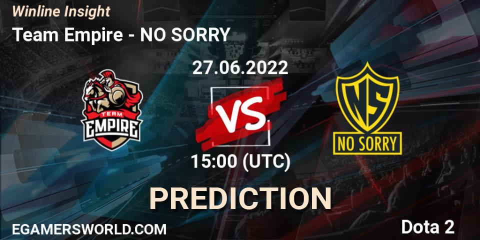 Team Empire contre NO SORRY : prédiction de match. 27.06.2022 at 15:01. Dota 2, Winline Insight