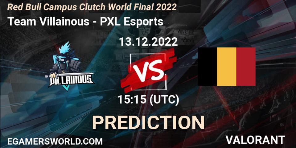 Team Villainous contre PXL Esports : prédiction de match. 13.12.2022 at 15:15. VALORANT, Red Bull Campus Clutch World Final 2022