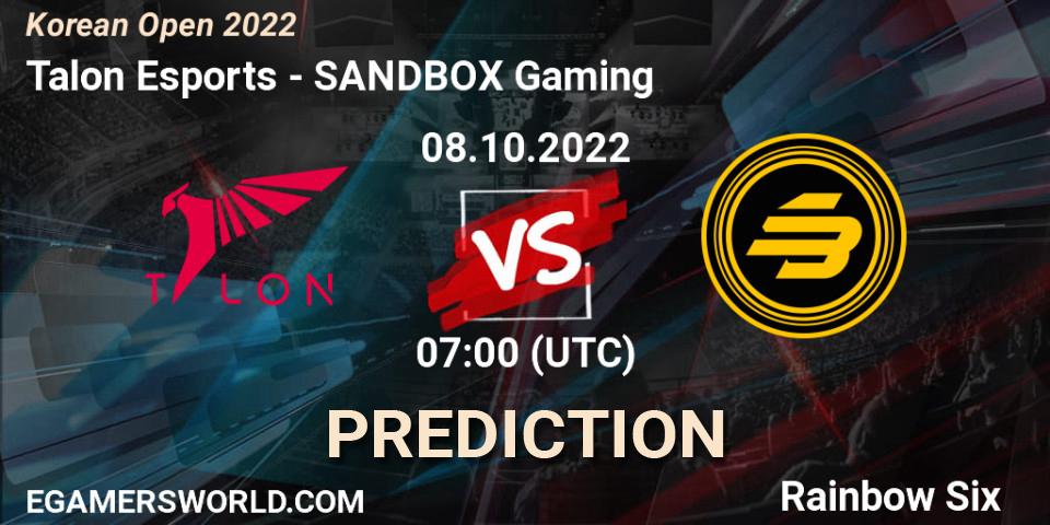 Talon Esports contre SANDBOX Gaming : prédiction de match. 08.10.2022 at 07:00. Rainbow Six, Korean Open 2022