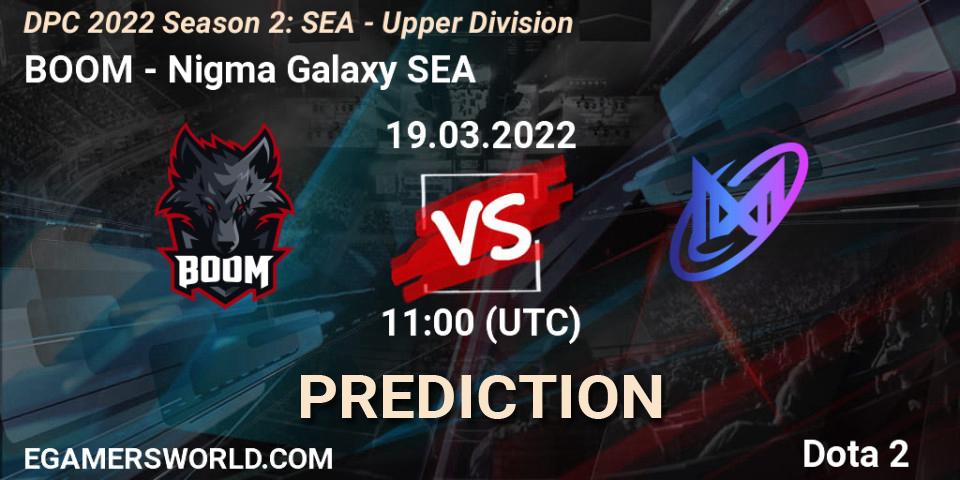 BOOM contre Nigma Galaxy SEA : prédiction de match. 19.03.2022 at 10:00. Dota 2, DPC 2021/2022 Tour 2 (Season 2): SEA Division I (Upper)