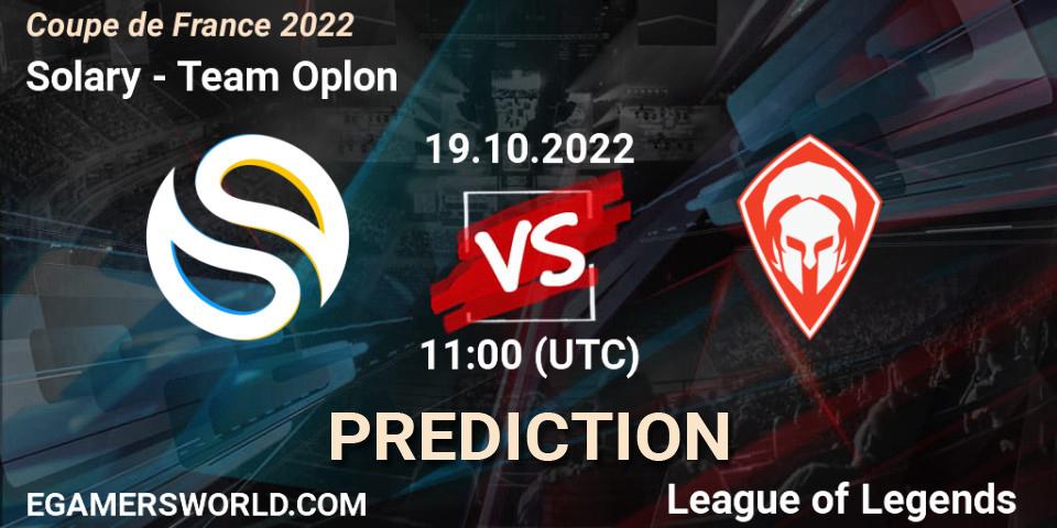 Solary contre Team Oplon : prédiction de match. 19.10.2022 at 11:00. LoL, Coupe de France 2022