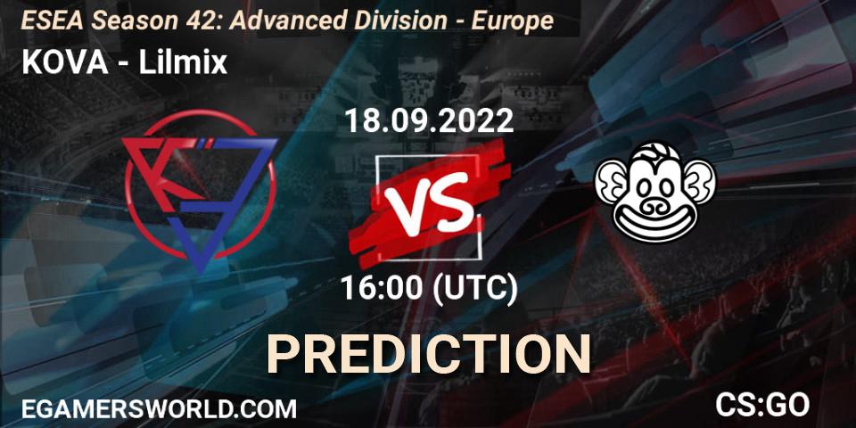 KOVA contre Lilmix : prédiction de match. 18.09.2022 at 16:00. Counter-Strike (CS2), ESEA Season 42: Advanced Division - Europe