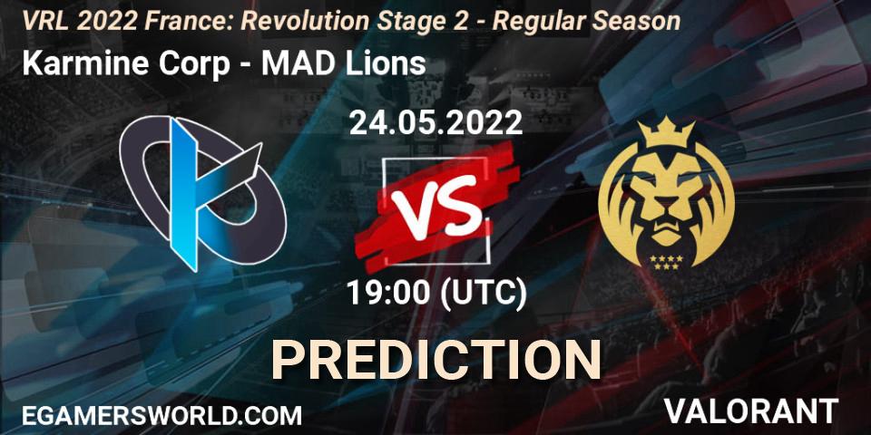 Karmine Corp contre MAD Lions : prédiction de match. 24.05.2022 at 19:30. VALORANT, VRL 2022 France: Revolution Stage 2 - Regular Season