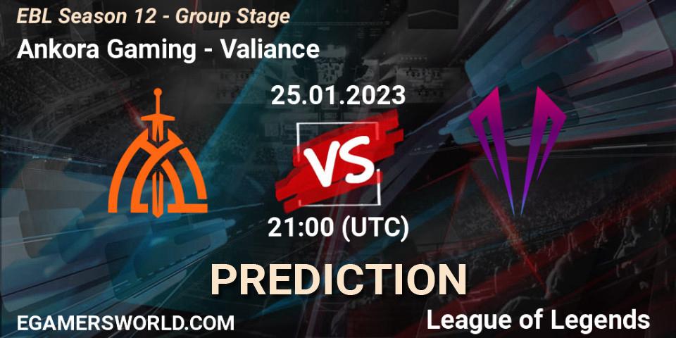 Ankora Gaming contre Valiance : prédiction de match. 25.01.2023 at 21:00. LoL, EBL Season 12 - Group Stage