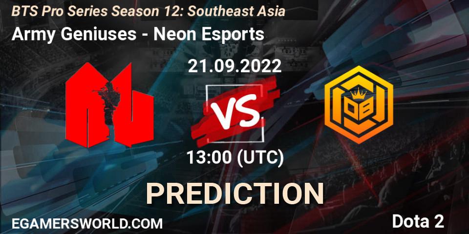 Army Geniuses contre Neon Esports : prédiction de match. 21.09.2022 at 12:58. Dota 2, BTS Pro Series Season 12: Southeast Asia