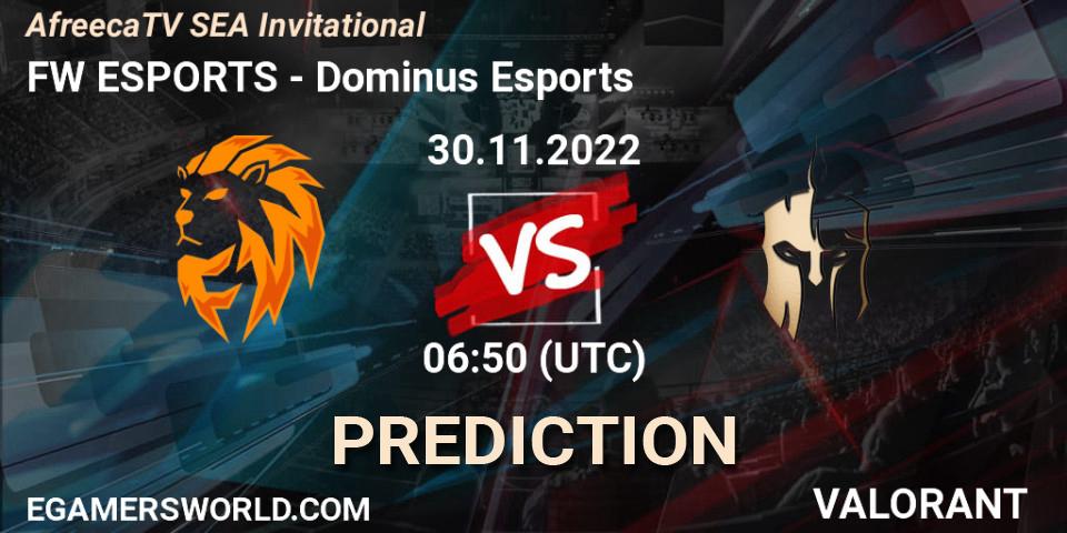 FW ESPORTS contre Dominus Esports : prédiction de match. 30.11.2022 at 06:50. VALORANT, AfreecaTV SEA Invitational