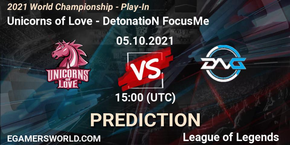 Unicorns of Love contre DetonatioN FocusMe : prédiction de match. 05.10.21. LoL, 2021 World Championship - Play-In