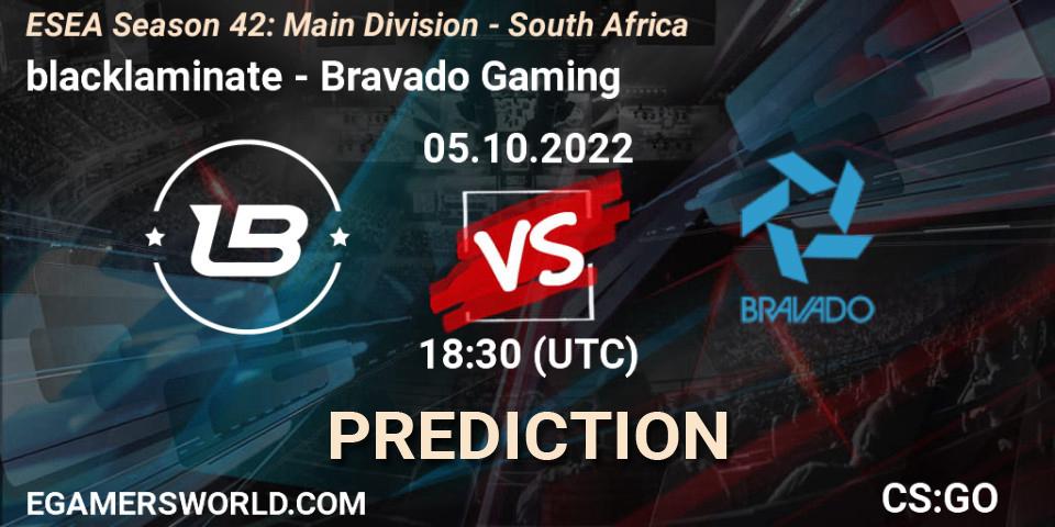 blacklaminate contre Bravado Gaming : prédiction de match. 05.10.2022 at 18:50. Counter-Strike (CS2), ESEA Season 42: Main Division - South Africa
