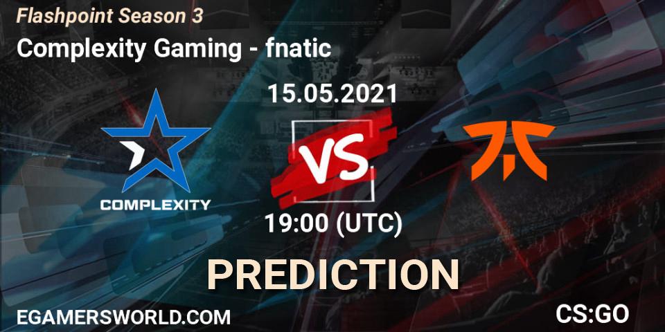 Complexity Gaming contre fnatic : prédiction de match. 15.05.2021 at 19:00. Counter-Strike (CS2), Flashpoint Season 3