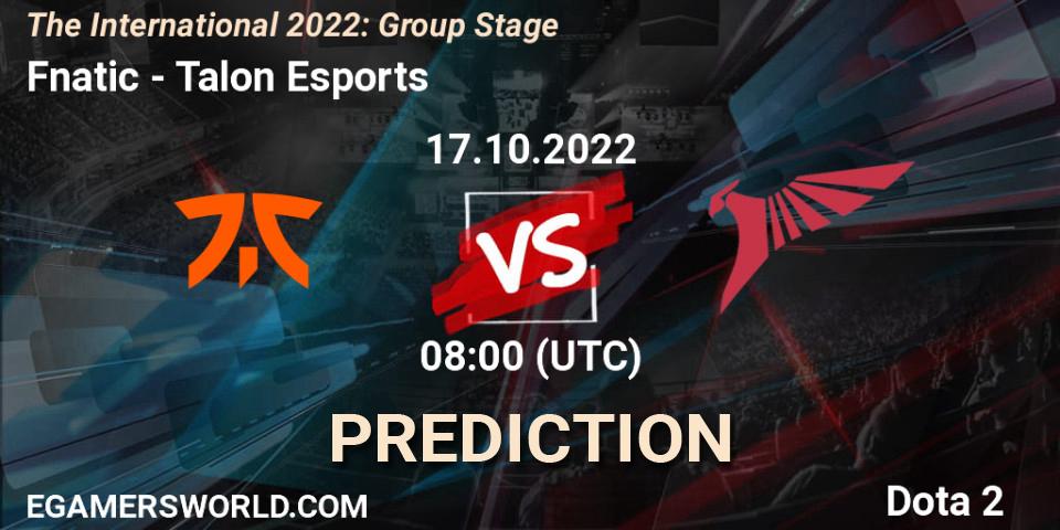 Fnatic contre Talon Esports : prédiction de match. 17.10.2022 at 08:39. Dota 2, The International 2022: Group Stage