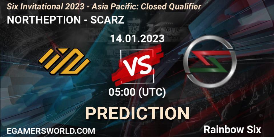 NORTHEPTION contre SCARZ : prédiction de match. 14.01.2023 at 05:00. Rainbow Six, Six Invitational 2023 - Asia Pacific: Closed Qualifier