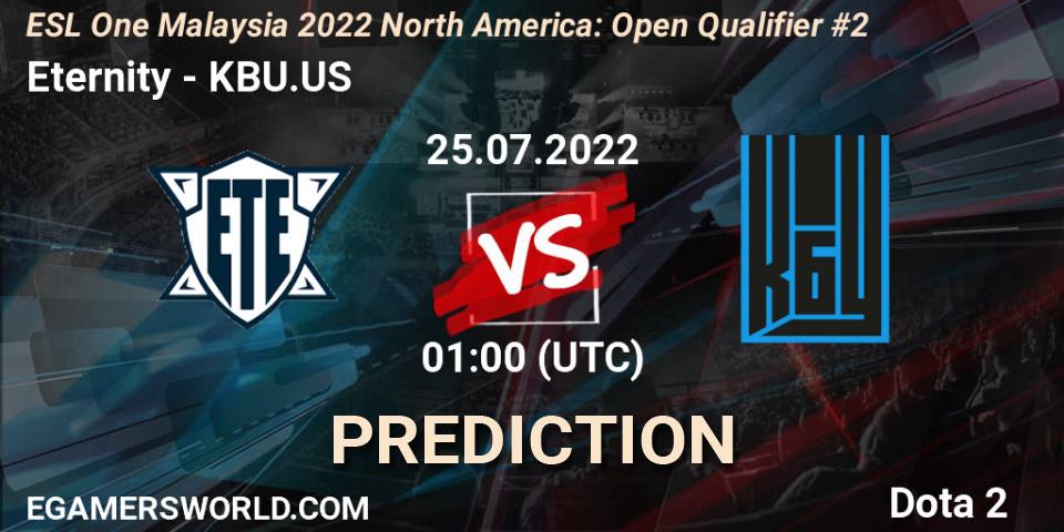 Eternity contre KBU.US : prédiction de match. 25.07.2022 at 01:02. Dota 2, ESL One Malaysia 2022 North America: Open Qualifier #2