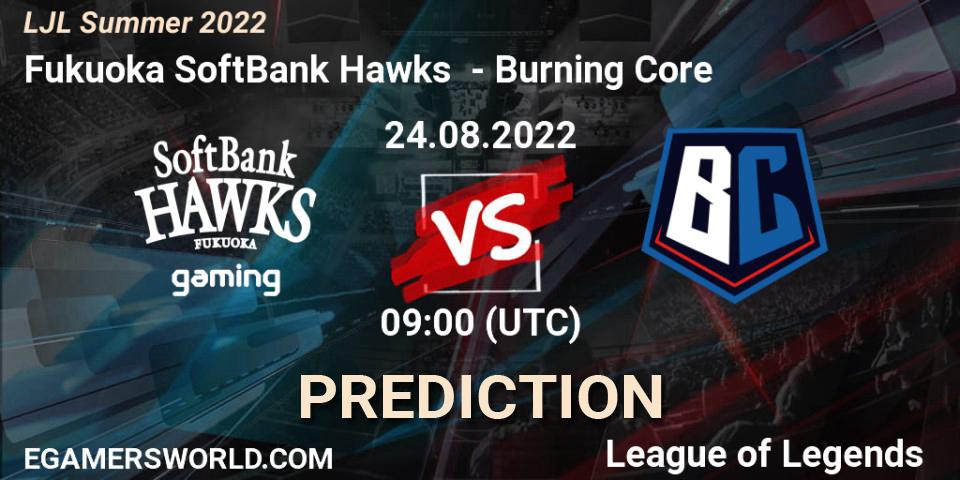 Fukuoka SoftBank Hawks contre Burning Core : prédiction de match. 24.08.2022 at 09:00. LoL, LJL Summer 2022