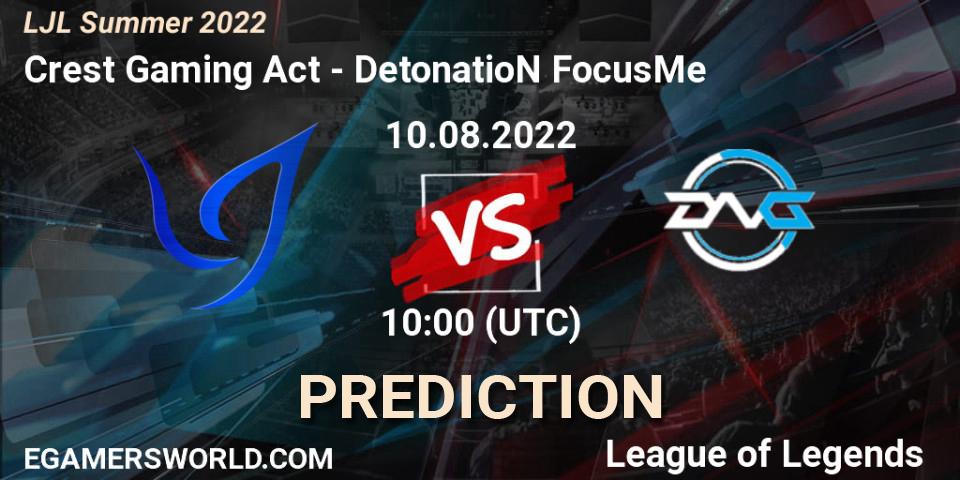 Crest Gaming Act contre DetonatioN FocusMe : prédiction de match. 10.08.2022 at 10:00. LoL, LJL Summer 2022
