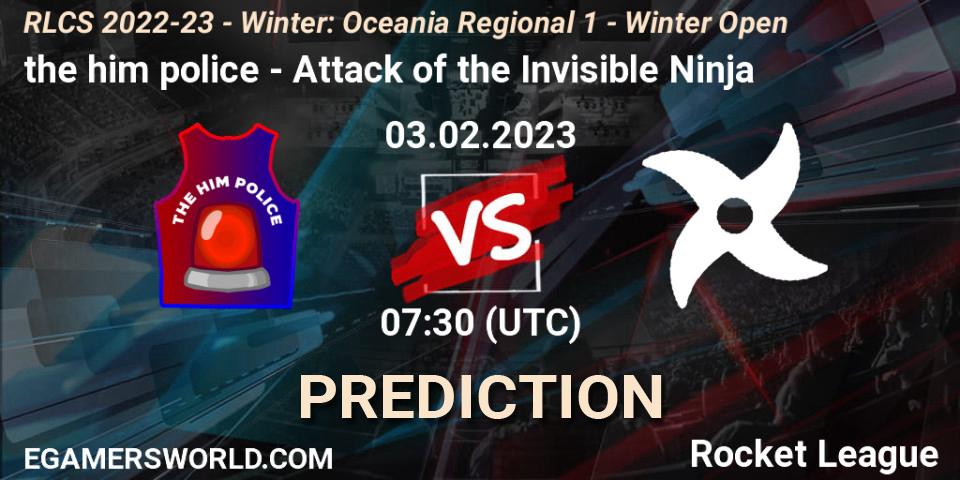 the him police contre Attack of the Invisible Ninja : prédiction de match. 03.02.2023 at 07:30. Rocket League, RLCS 2022-23 - Winter: Oceania Regional 1 - Winter Open