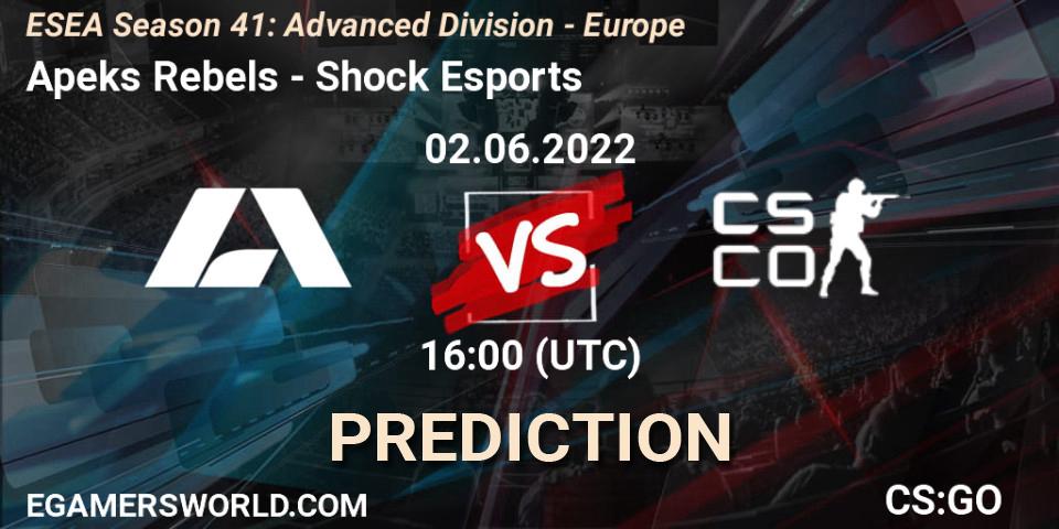 Apeks Rebels contre Shock Esports : prédiction de match. 02.06.2022 at 16:00. Counter-Strike (CS2), ESEA Season 41: Advanced Division - Europe
