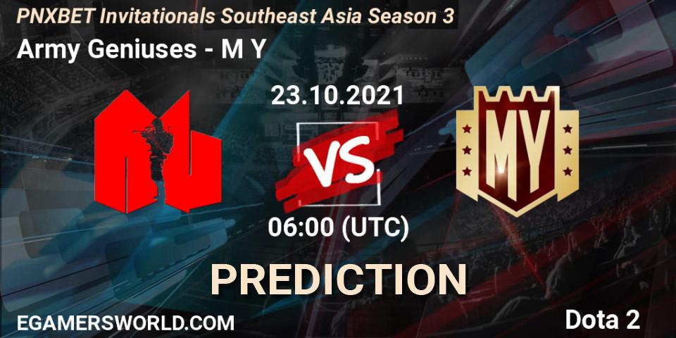 Army Geniuses contre M Y : prédiction de match. 23.10.2021 at 06:20. Dota 2, PNXBET Invitationals Southeast Asia Season 3