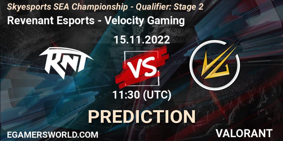 Revenant Esports contre Velocity Gaming : prédiction de match. 16.11.2022 at 11:30. VALORANT, Skyesports SEA Championship - Qualifier: Stage 2