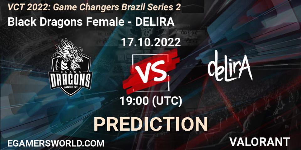 Black Dragons Female contre DELIRA : prédiction de match. 17.10.2022 at 19:00. VALORANT, VCT 2022: Game Changers Brazil Series 2