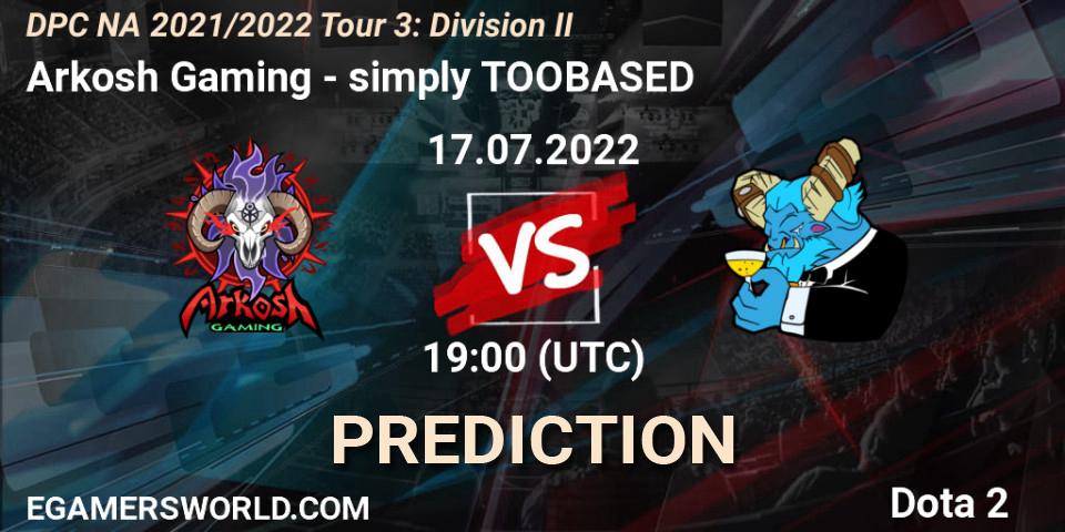 Arkosh Gaming contre simply TOOBASED : prédiction de match. 17.07.2022 at 18:55. Dota 2, DPC NA 2021/2022 Tour 3: Division II