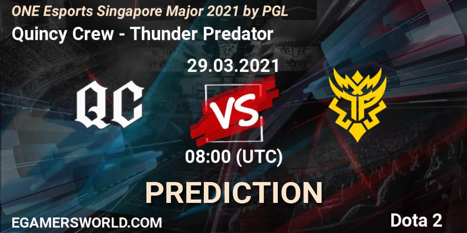 Quincy Crew contre Thunder Predator : prédiction de match. 29.03.2021 at 09:28. Dota 2, ONE Esports Singapore Major 2021