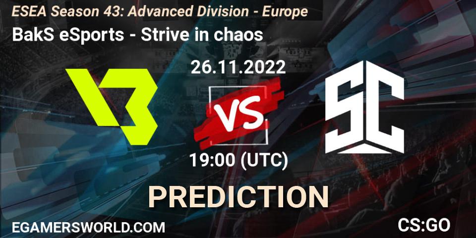 BakS eSports contre Strive in chaos : prédiction de match. 26.11.2022 at 19:00. Counter-Strike (CS2), ESEA Season 43: Advanced Division - Europe