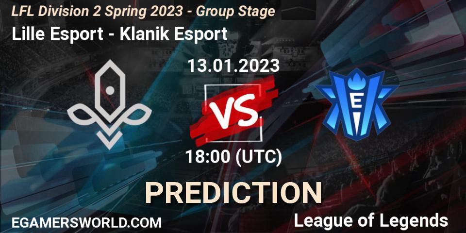 Lille Esport contre Klanik Esport : prédiction de match. 13.01.2023 at 18:00. LoL, LFL Division 2 Spring 2023 - Group Stage