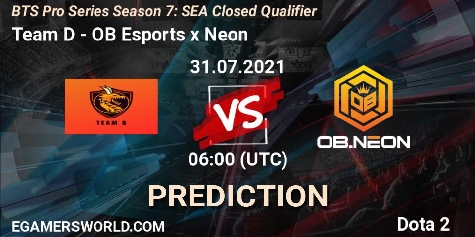 Team D contre OB Esports x Neon : prédiction de match. 31.07.2021 at 08:12. Dota 2, BTS Pro Series Season 7: SEA Closed Qualifier