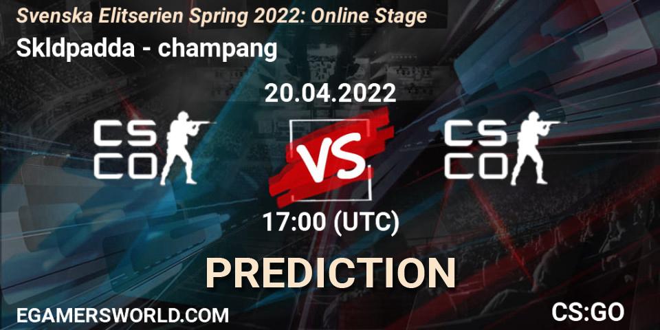 Sköldpadda contre champang : prédiction de match. 20.04.2022 at 17:00. Counter-Strike (CS2), Svenska Elitserien Spring 2022: Online Stage
