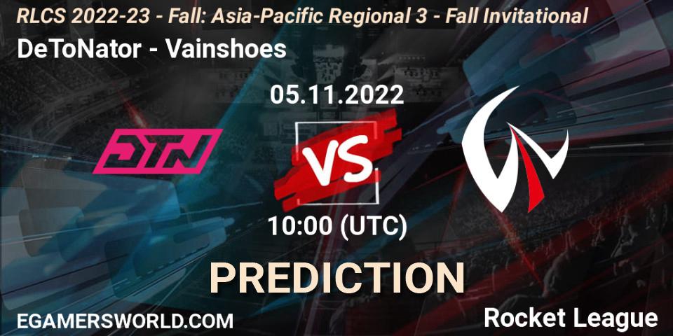 DeToNator contre Vainshoes : prédiction de match. 05.11.2022 at 10:00. Rocket League, RLCS 2022-23 - Fall: Asia-Pacific Regional 3 - Fall Invitational