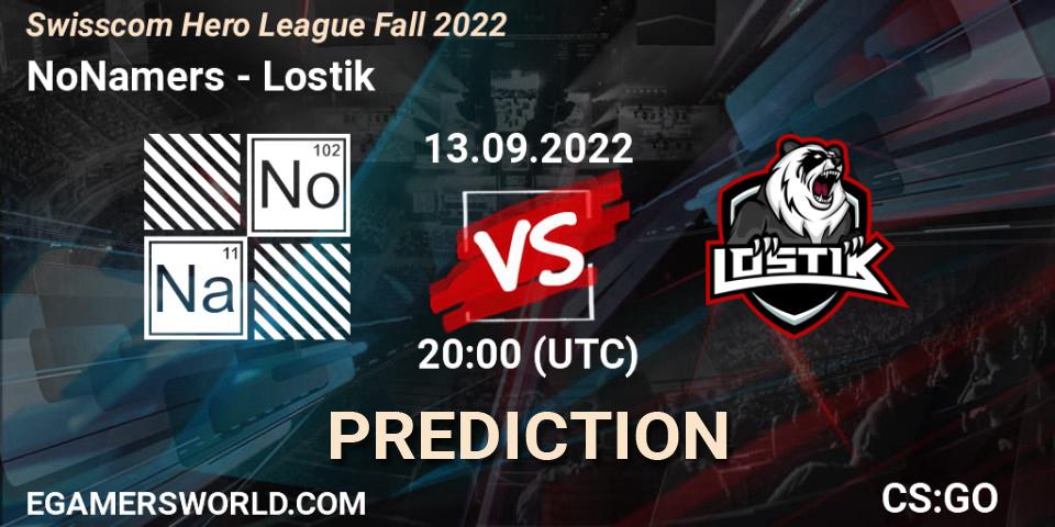 NoNamers contre Lostik : prédiction de match. 13.09.2022 at 20:00. Counter-Strike (CS2), Swisscom Hero League Fall 2022
