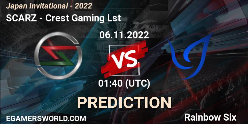 SCARZ contre Crest Gaming Lst : prédiction de match. 06.11.2022 at 01:40. Rainbow Six, Japan Invitational - 2022