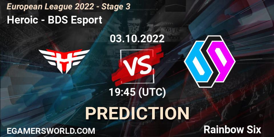 Heroic contre BDS Esport : prédiction de match. 03.10.2022 at 19:45. Rainbow Six, European League 2022 - Stage 3