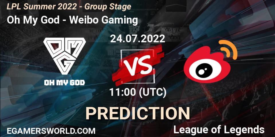 Oh My God contre Weibo Gaming : prédiction de match. 24.07.2022 at 11:00. LoL, LPL Summer 2022 - Group Stage