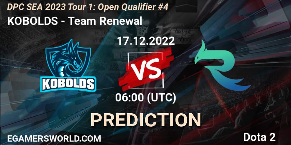 KOBOLDS contre Team Renewal : prédiction de match. 17.12.2022 at 06:00. Dota 2, DPC SEA 2023 Tour 1: Open Qualifier #4