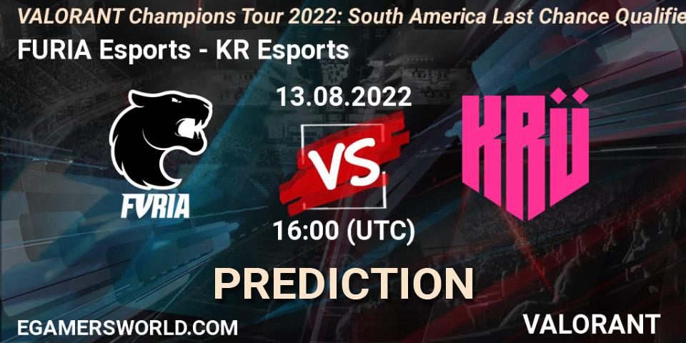 FURIA Esports contre KRÜ Esports : prédiction de match. 13.08.2022 at 20:00. VALORANT, VCT 2022: South America Last Chance Qualifier