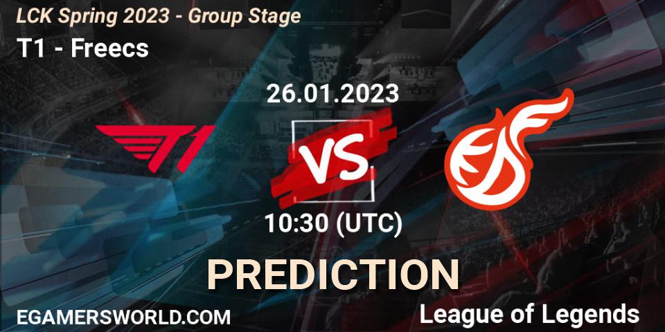 T1 contre Freecs : prédiction de match. 26.01.2023 at 10:30. LoL, LCK Spring 2023 - Group Stage