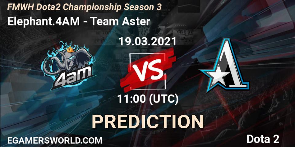 Elephant.4AM contre Team Aster : prédiction de match. 19.03.2021 at 11:36. Dota 2, FMWH Dota2 Championship Season 3