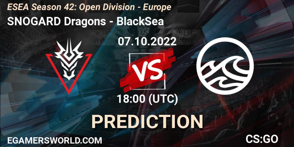 SNOGARD Dragons contre BlackSea : prédiction de match. 07.10.2022 at 18:00. Counter-Strike (CS2), ESEA Season 42: Open Division - Europe
