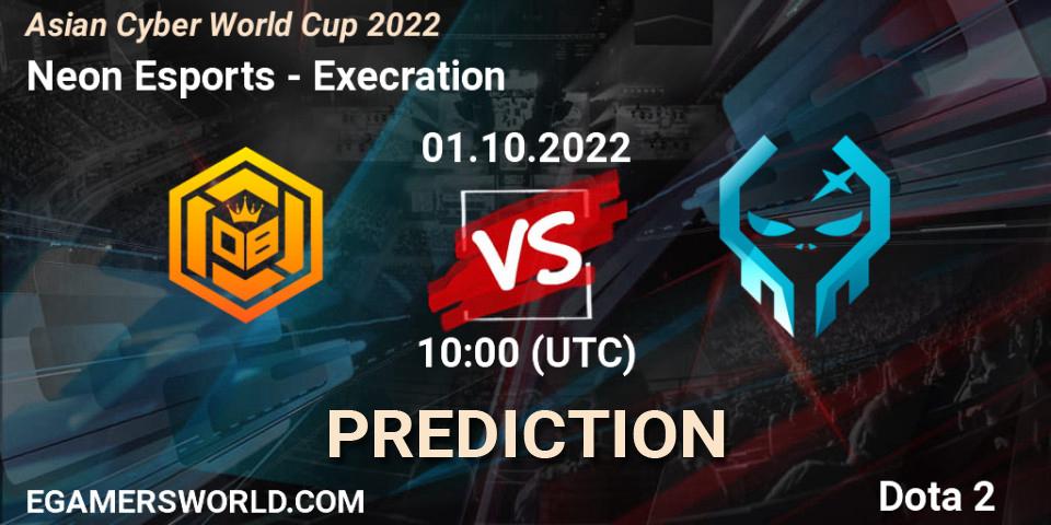 Neon Esports contre Execration : prédiction de match. 01.10.2022 at 10:01. Dota 2, Asian Cyber World Cup 2022