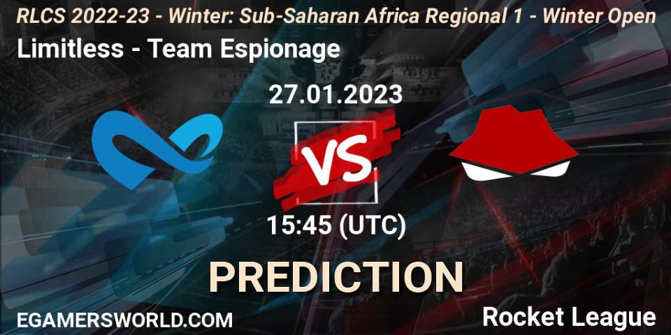 Limitless contre Team Espionage : prédiction de match. 27.01.2023 at 15:45. Rocket League, RLCS 2022-23 - Winter: Sub-Saharan Africa Regional 1 - Winter Open