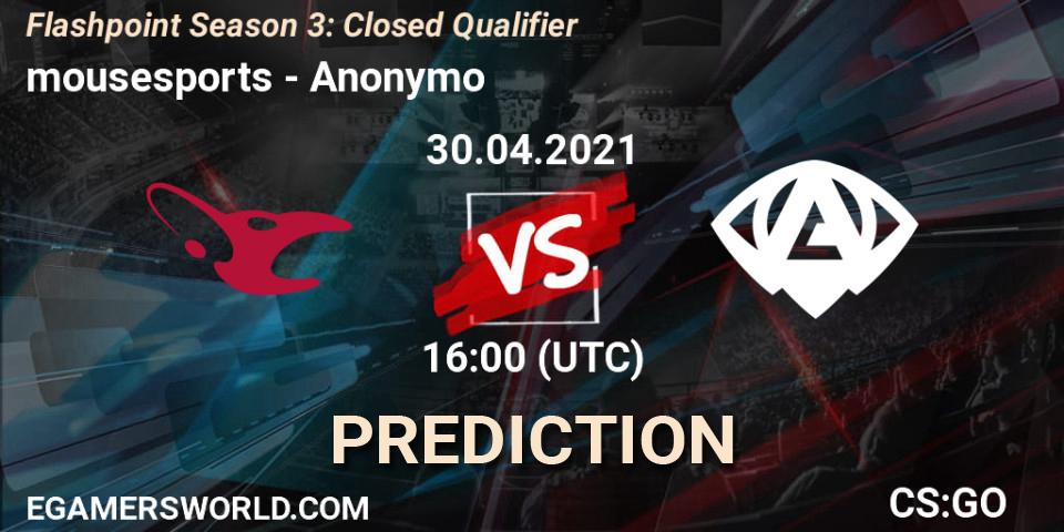 mousesports contre Anonymo : prédiction de match. 30.04.2021 at 13:00. Counter-Strike (CS2), Flashpoint Season 3: Closed Qualifier