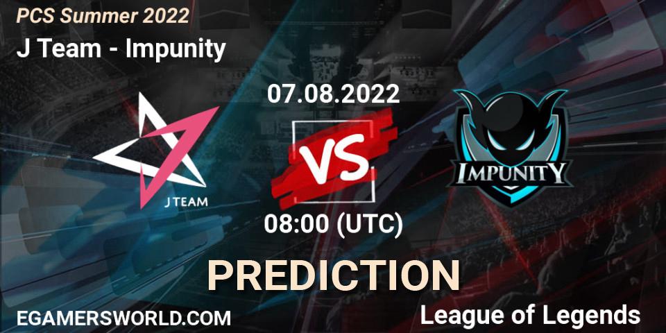 J Team contre Impunity : prédiction de match. 06.08.2022 at 08:00. LoL, PCS Summer 2022