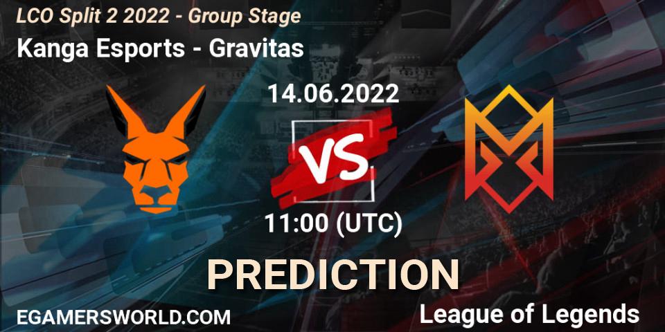 Kanga Esports contre Gravitas : prédiction de match. 14.06.2022 at 11:00. LoL, LCO Split 2 2022 - Group Stage